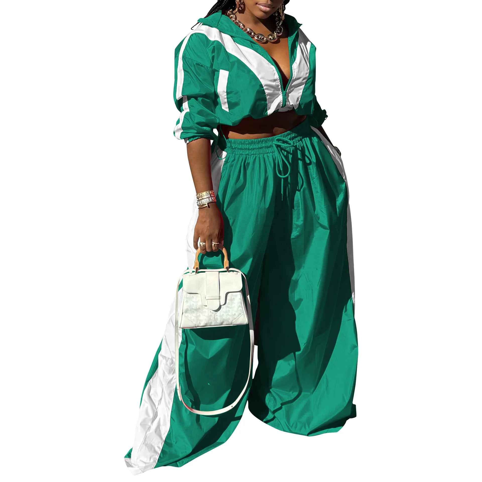 CM.YAYA Active Patchwork Women's Set Zipper Sweatshirt Jacket and Wide Leg Pants Suit 2025 INS Two 2 Piece Sets Outfit Tracksuit