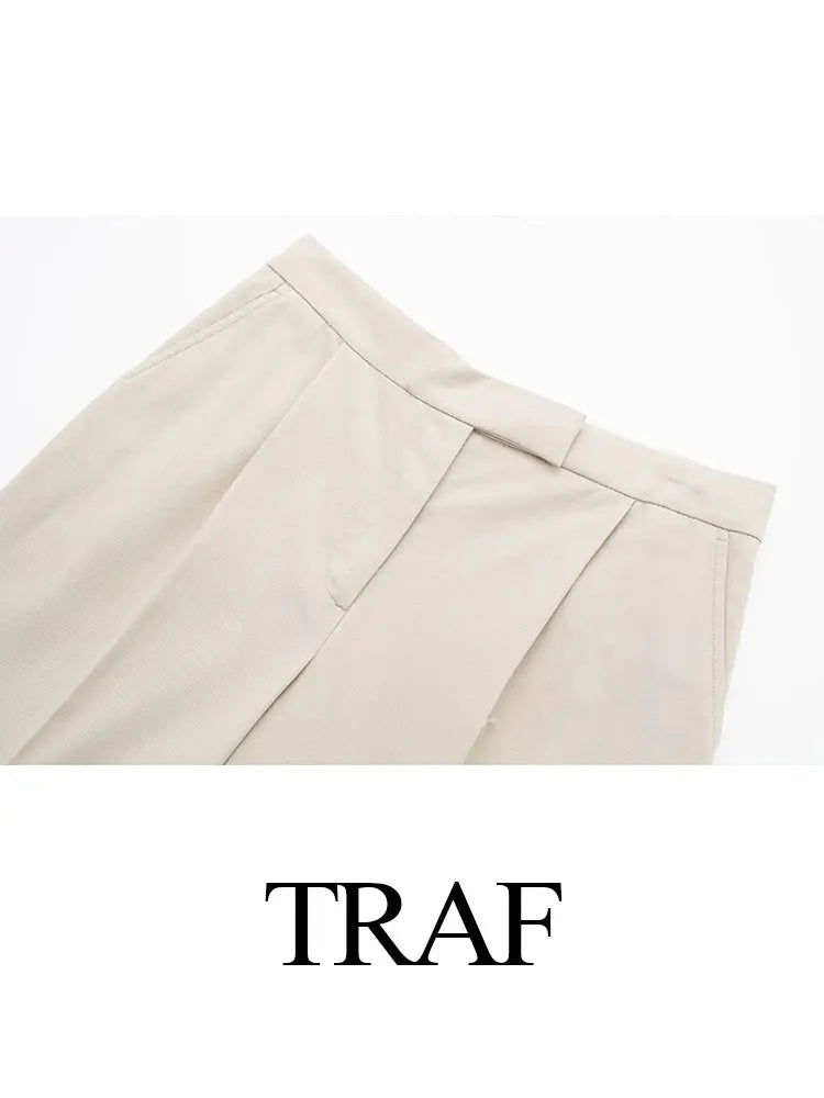 TRAF Spring Women's Fashion Beige Blazer Suit Single Breasted Jacket Women's High Waist Casual Baggy Pants 2-piece Set