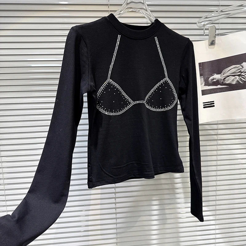 Winter New Niche Fashion Hot Drill Bikini Pattern Long Sleeve Cotton T-Shirt For Women Slim Fit Top Female 11A07493