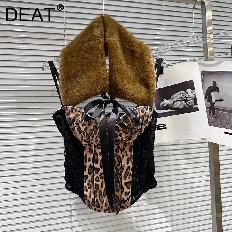 Winter New Trendy Fashion Furry Tie Shawl For Women Leopard Print Fishbone Backless Strap Camisole Female 11A07942