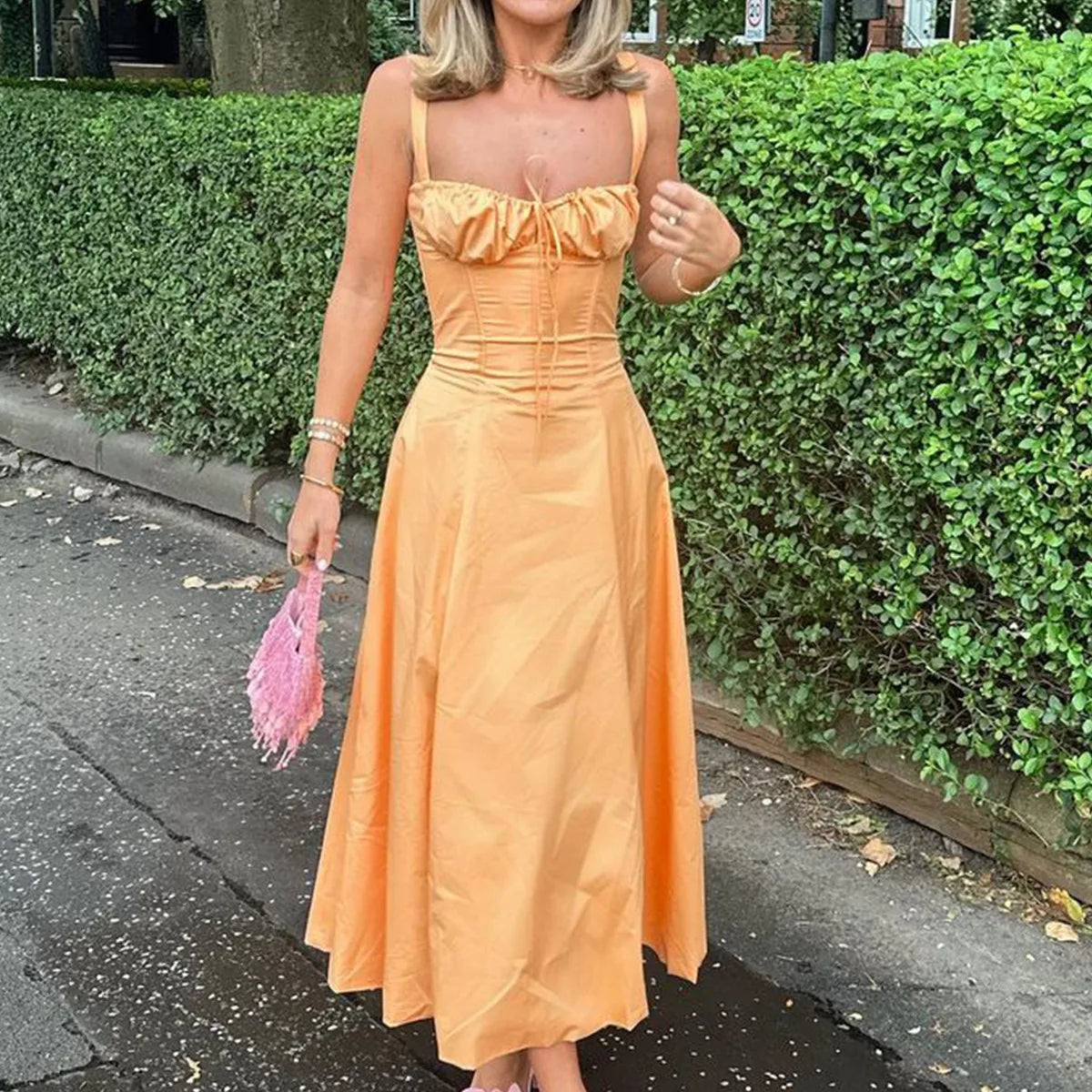 Suninheart Women's Summer Floral Print Dresses Sweet Elegant Midi Holiday Dress Casual Slit Blue Lace Up Dresses 2023 orange