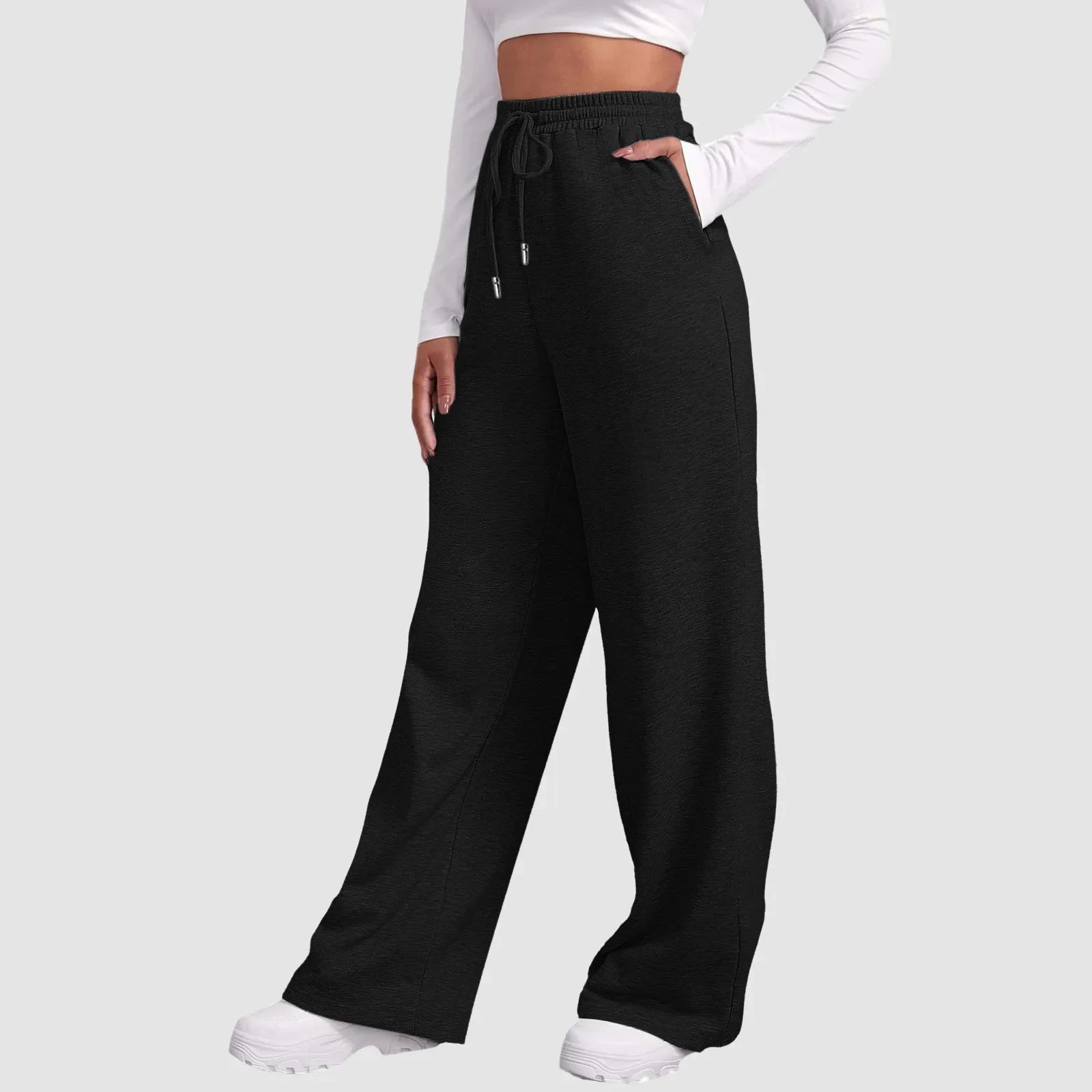 Wide Leg Pants For Women’S Fleece Lined Sweatpants Straight Pants Bottom All-Math Plain Fitness Joggers Travel Basic Pants Black-A