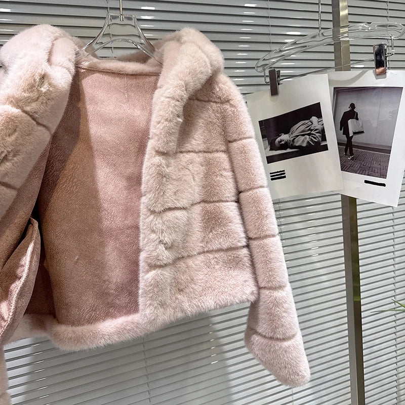 Winter New Fashion Warm Soft Hooded Faux Fur Short Coat For Women Solid Color High-end Jacket Female 11A07924