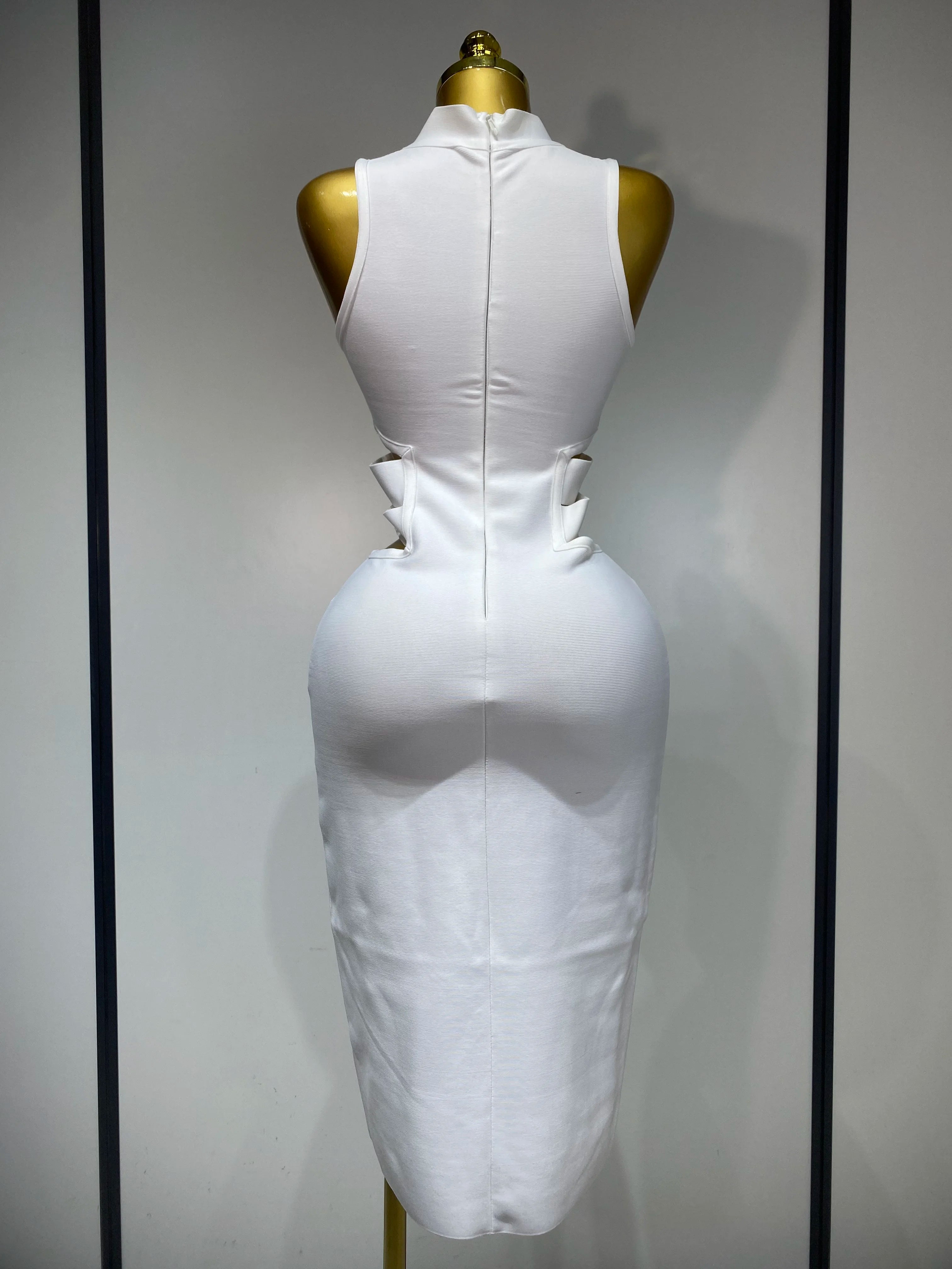 Women Sexy Turtleneck White Cut Out Midi Bodycon Bandage Dress 2025 White Elegant Evening Party Dress Luxury Birthday Dress