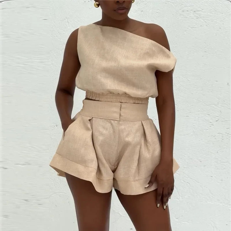 Fashion Women's Set Off Shoulder Sleeveless Blouse Shirt Top and Flare Shorts Suit 2025 Street Two 2 Piece Sets Outfits khaki