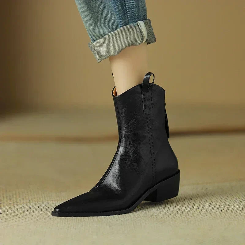 Autumn/winter Women Boots Genuine Leather Western Boots Women Shoes Pointed Toe Chunky Heel Chelsea Boots Retro Ankle Boots