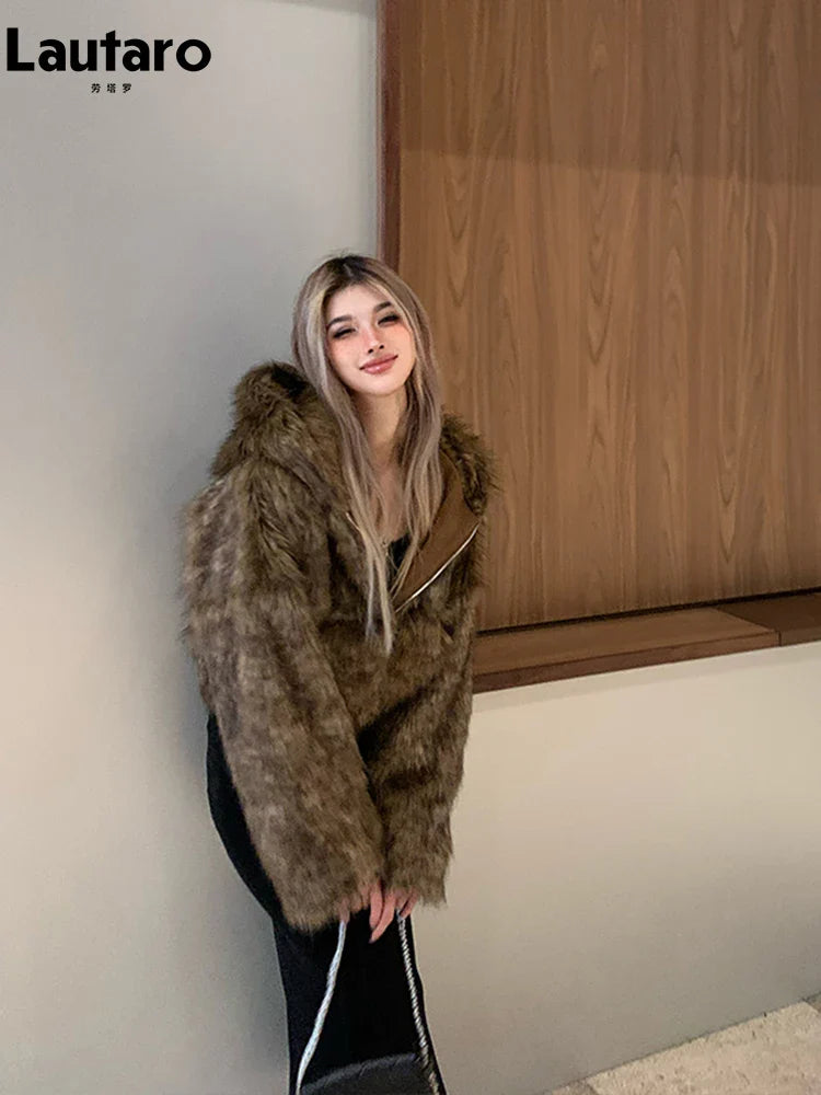Autumn Winter Chic Luxury Short Soft Thick Warm Hairy Shaggy Faux Fur Coat Women with Hood Zipper Fluffy Jacket 2024