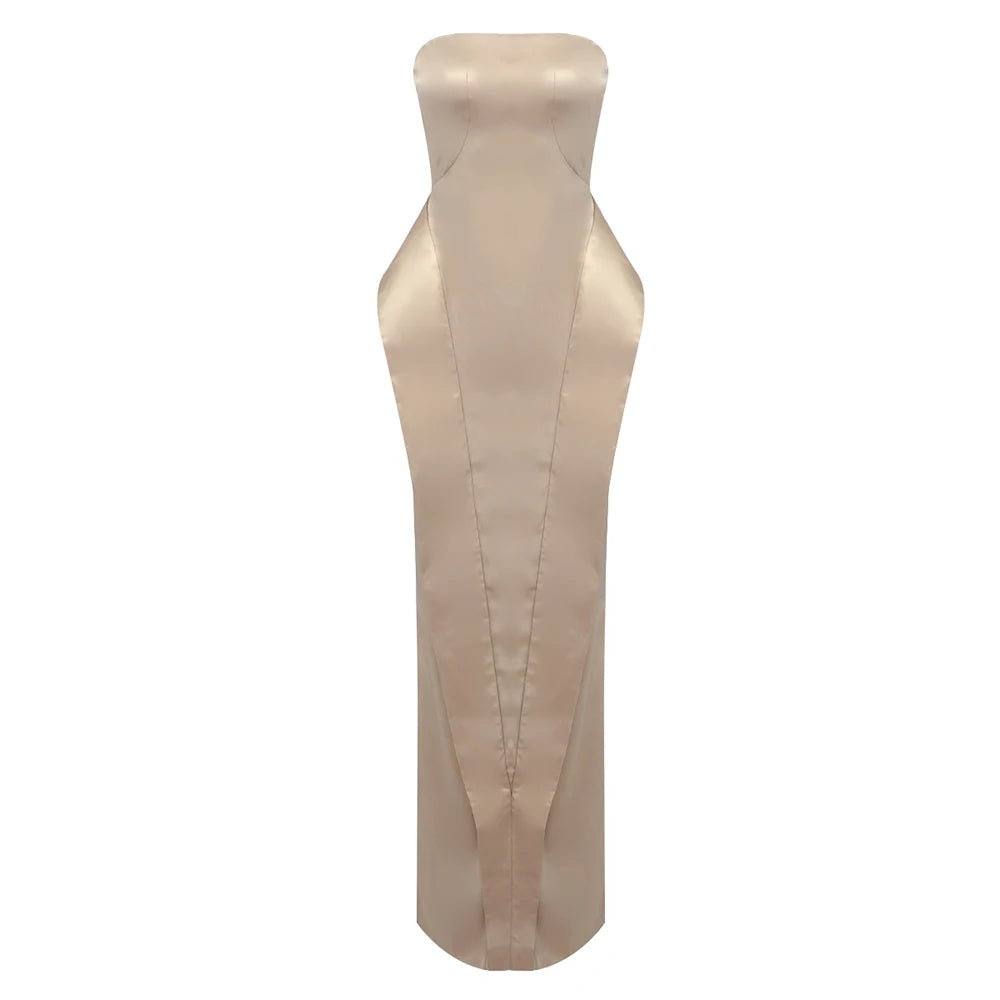 Celebraty Party Dresses For Women Sexy Strapless Ruched Design Satin Tight Maxi Long One-Piece Gown Special Event Champagne