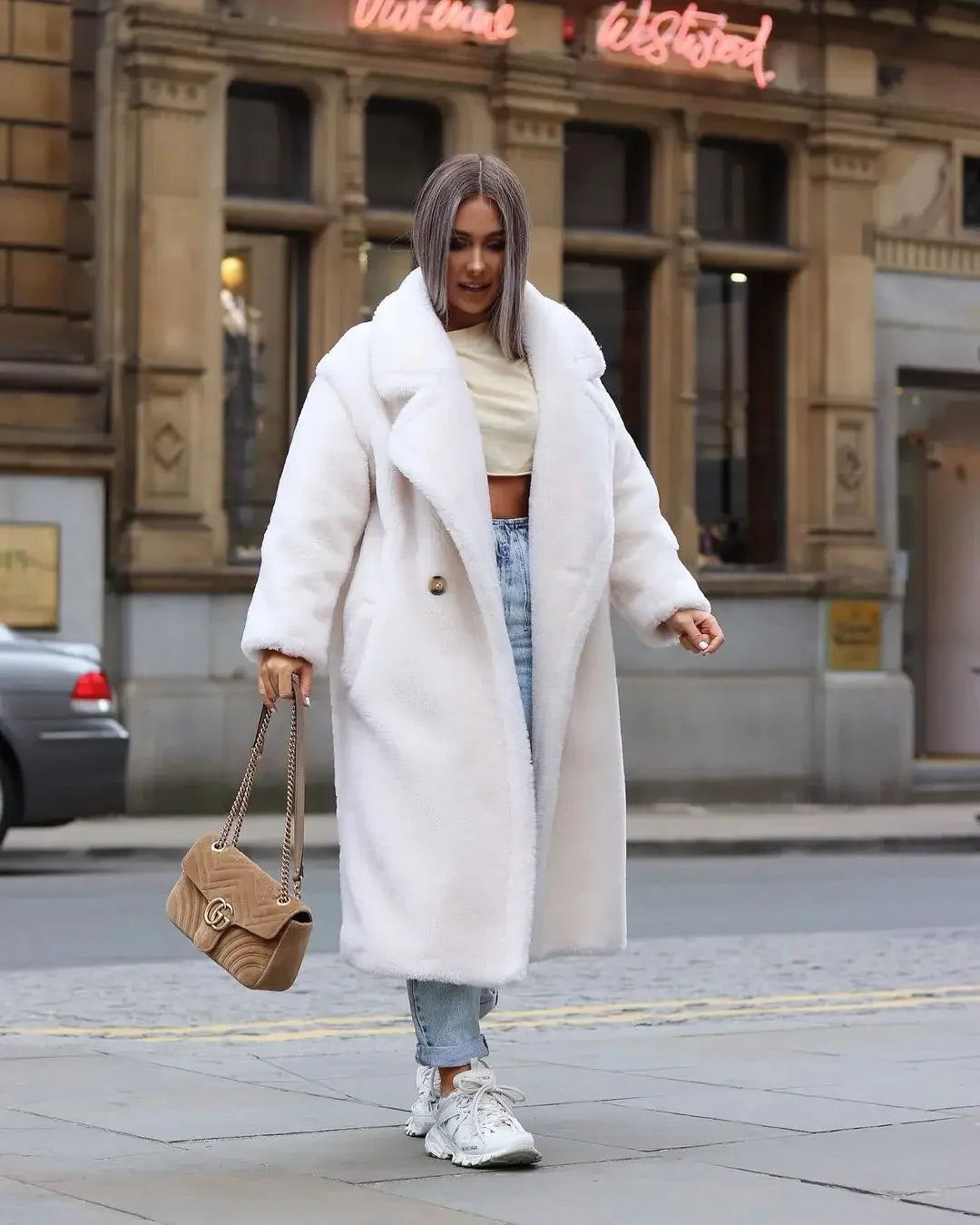 Teddy Bear Coat Lamb Fur Women's Clothing New Warm Thickened Plush Plush Medium-length Environmentally Friendly Coat Chic off White