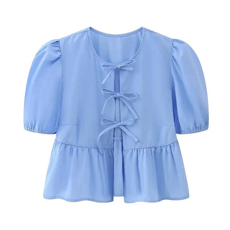 Bow Tied Lace Up Shirt Women Pleats Office Puff Sleeve Female Chic Slim Solid Tops Summer Sweet Lady V Neck Tops blue