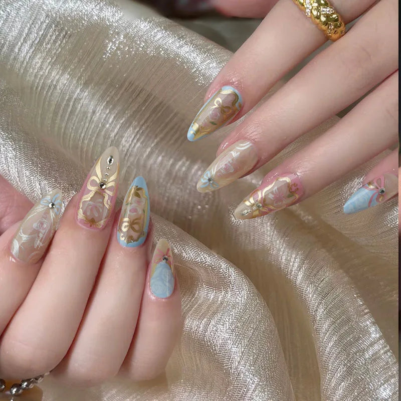24pcs Sweet Rose Pattern False Nails Ins Korean Girl Fake Nails Tips Wearable Detachable Sweet Cool Almond Press on Nails 1