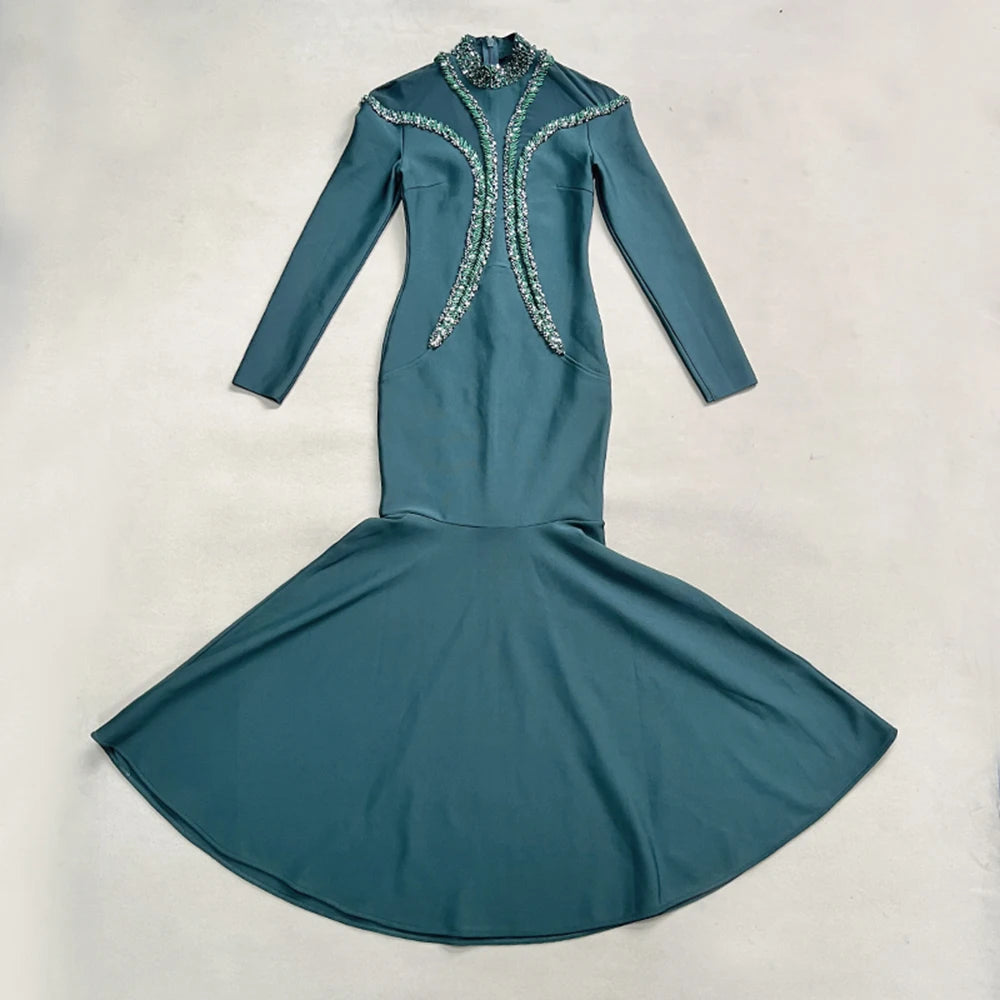 Newest Fashion 2025 Designer Party Vestido Women'S Diamonds Mesh Long Sleeves Bodycon Mermaid Long Maxi Dress Dark Green