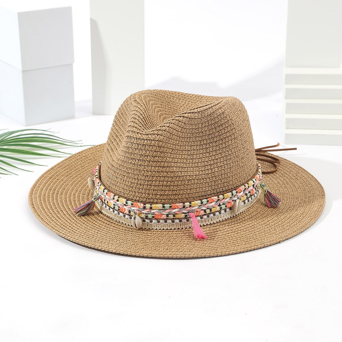 Wholesale Women Pink Tassel Cowboy Hat Floppy Beach Hats Summer Straw Hats Ladies UV Protection Hat Panama Sun Hat camel 1