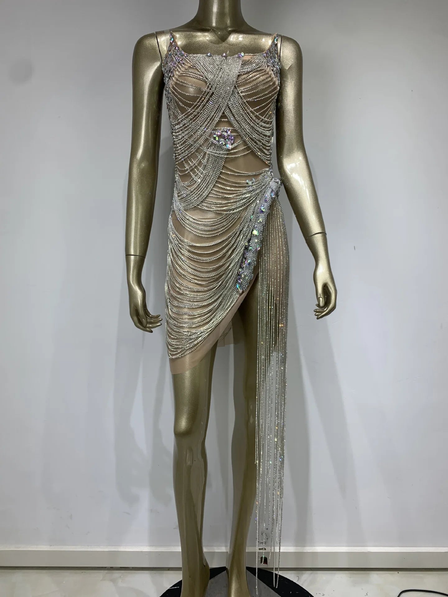 2025 Women Sexy Strap Strapless Crystal Diamonds Beige Mini Dress Birthday Party Costume Bar Nightclub Stage Performance Outfit