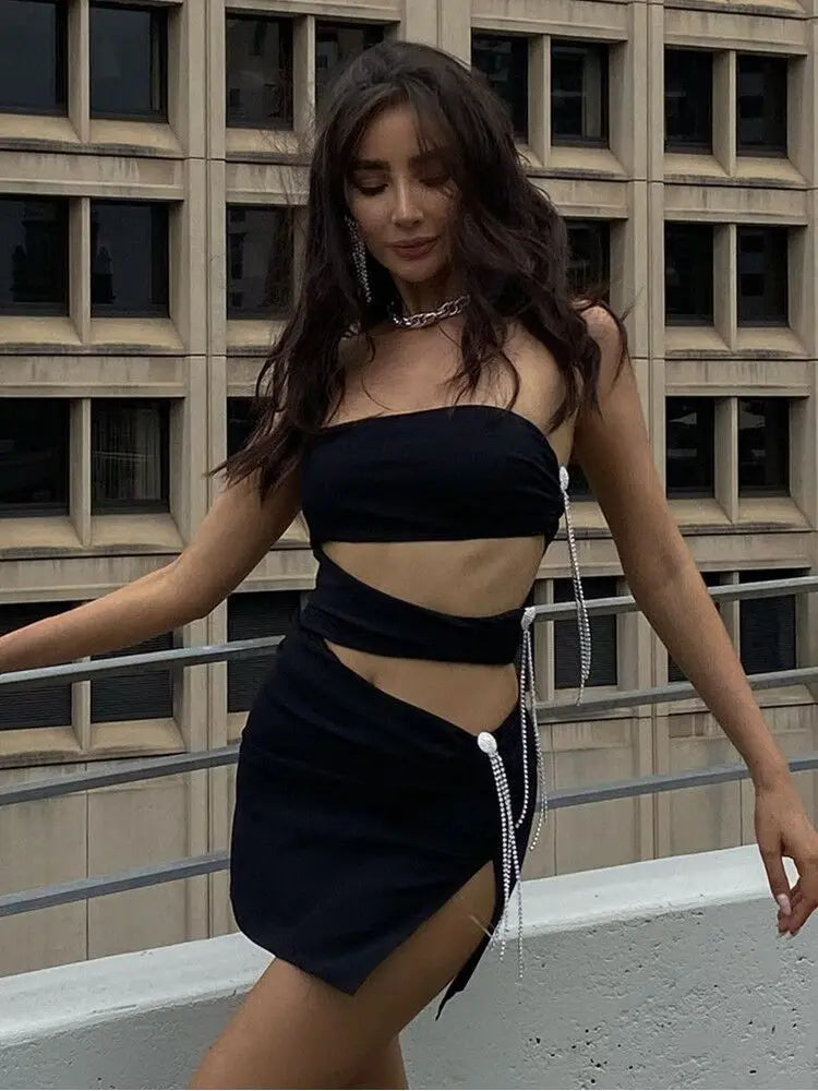 STOCK Hot Sexy Hollow Out Shining Diamonds Long Tassel Strapless Sleeveless Split Mini Dress Hotsweet Lady Summer Party Vestido