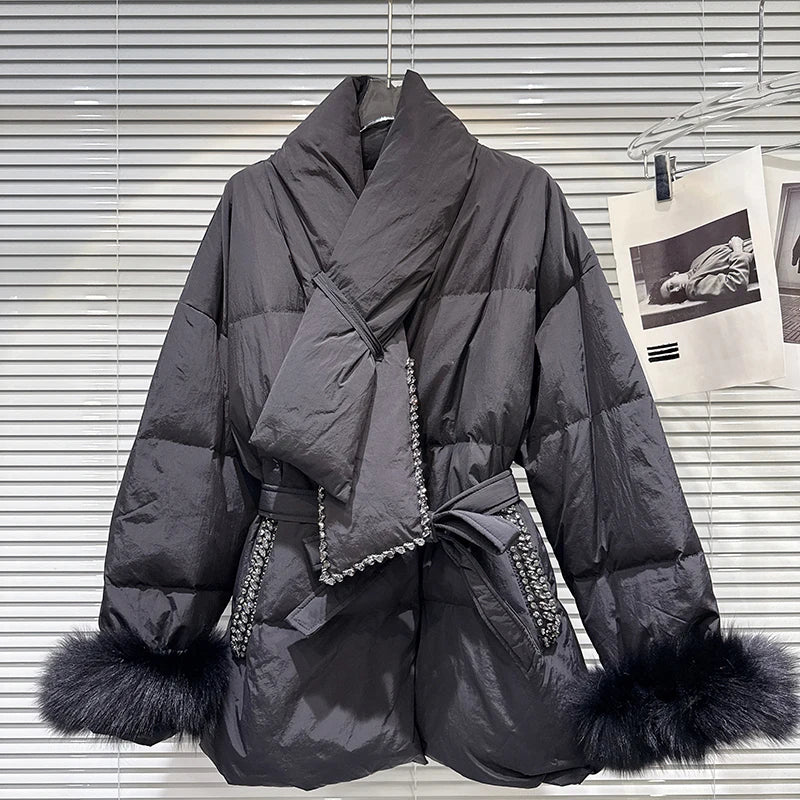 Winter New Fashionable Rhinestone Edge Furry Cuff Scarf Collar Warm Jacket For Women Loose Lace-up Waist Coat 11A07672 Black One Size