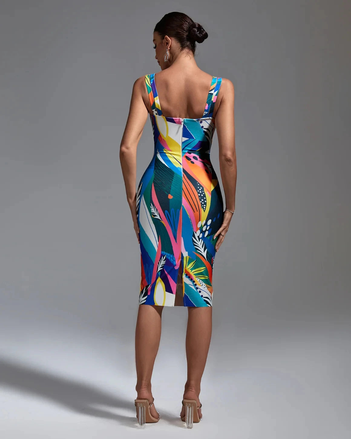 Women Sleeveless Sexy Square Collar Colorful Print Bodycon Mini Bandage Dress Nightclub Party Birthday Dress