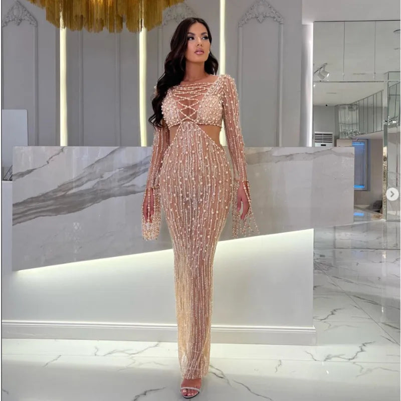 Elegant Evening Party Dress Women Long Sleeve Pearl Beading Bodycon Long Maxi Dress Birthday Party Cocktail Prom Dress Khaki
