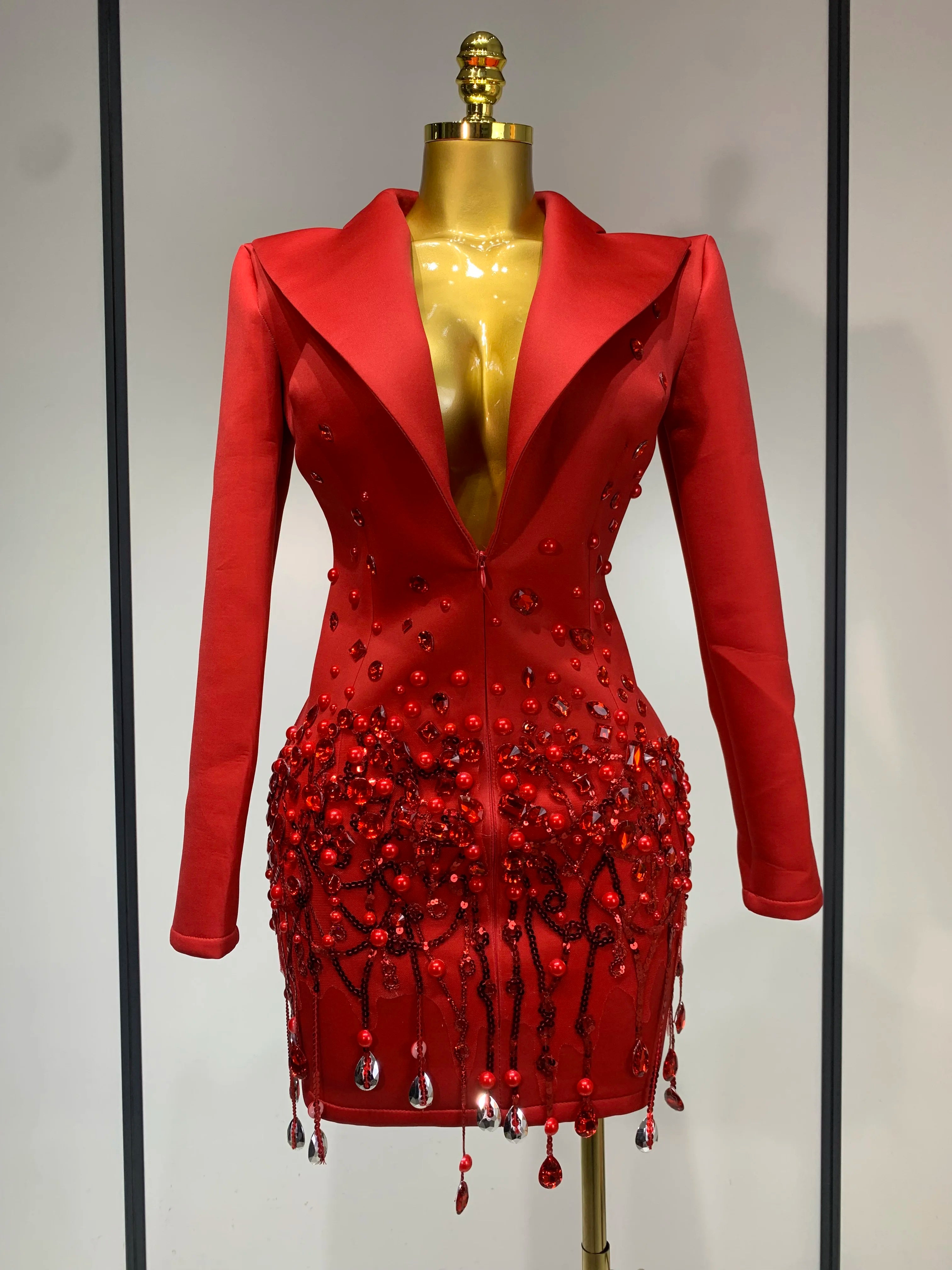 Luxury Rhinestone Deep V-Neck Slim Fit Red Suit Dress 2025 New Fashion Celebirty Elegant Evening Club Party Dresses Red