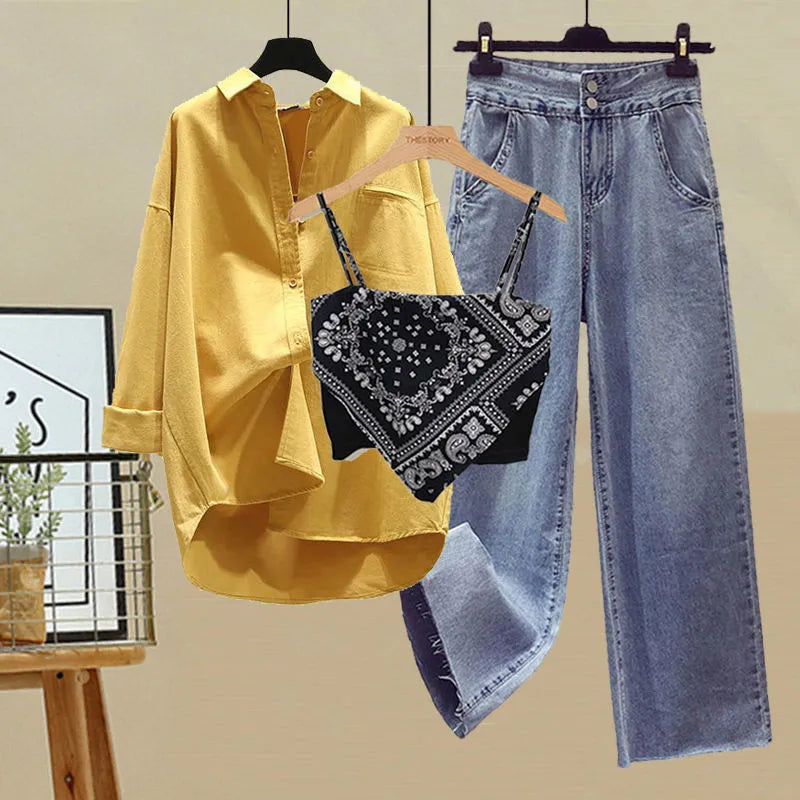 Spring and Autumn Set Women's 2024 New Korean Fashion Casual Sunscreen Shirt Tank Top Slim Jeans Three Piece Set Three-piece suit 01