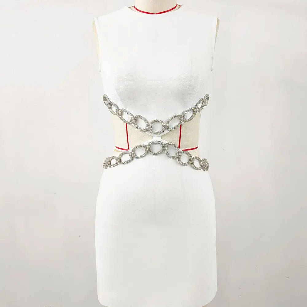 2024 Sexy Women's Waist Set with Diamond Chain Design Bandage Dress O-Neck Sleeveless Bodycon Bareback Mini Dress Party Vestidos WHITE