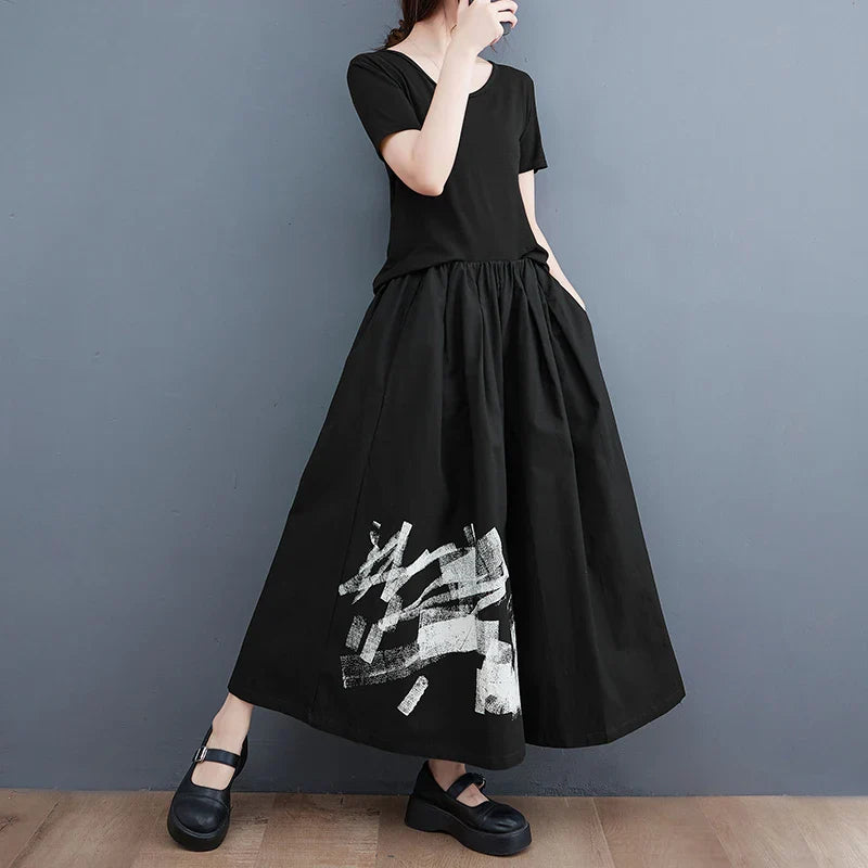 Japan Yamamoto Dark Style Black Summer Wide Leg Pants Print Fashion Women High Waist Casual Pants Culotte