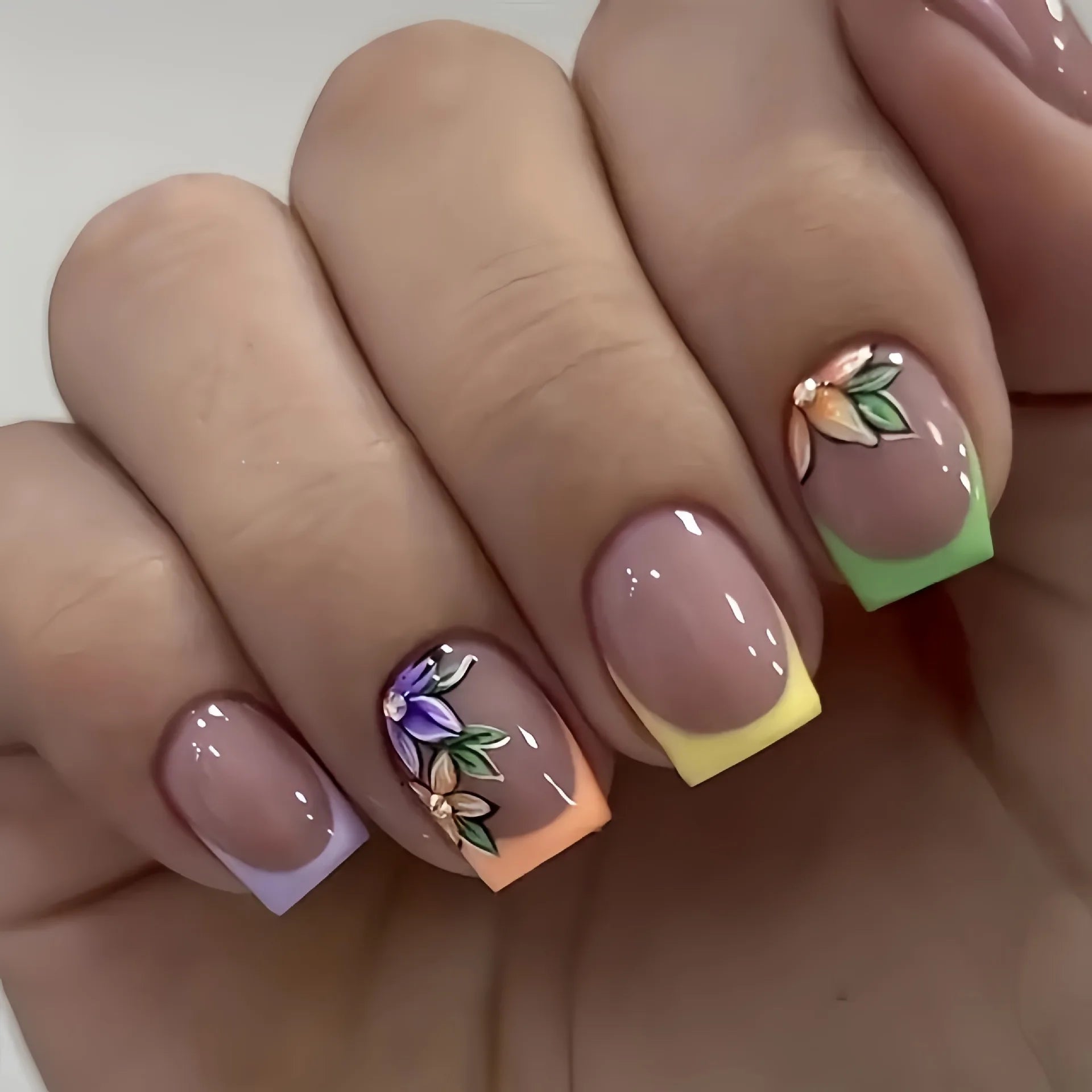 24pcs/set short square fake nails flowers leaf design for summer halloween faux ongles nail tips press on acrylic false nail art 1479