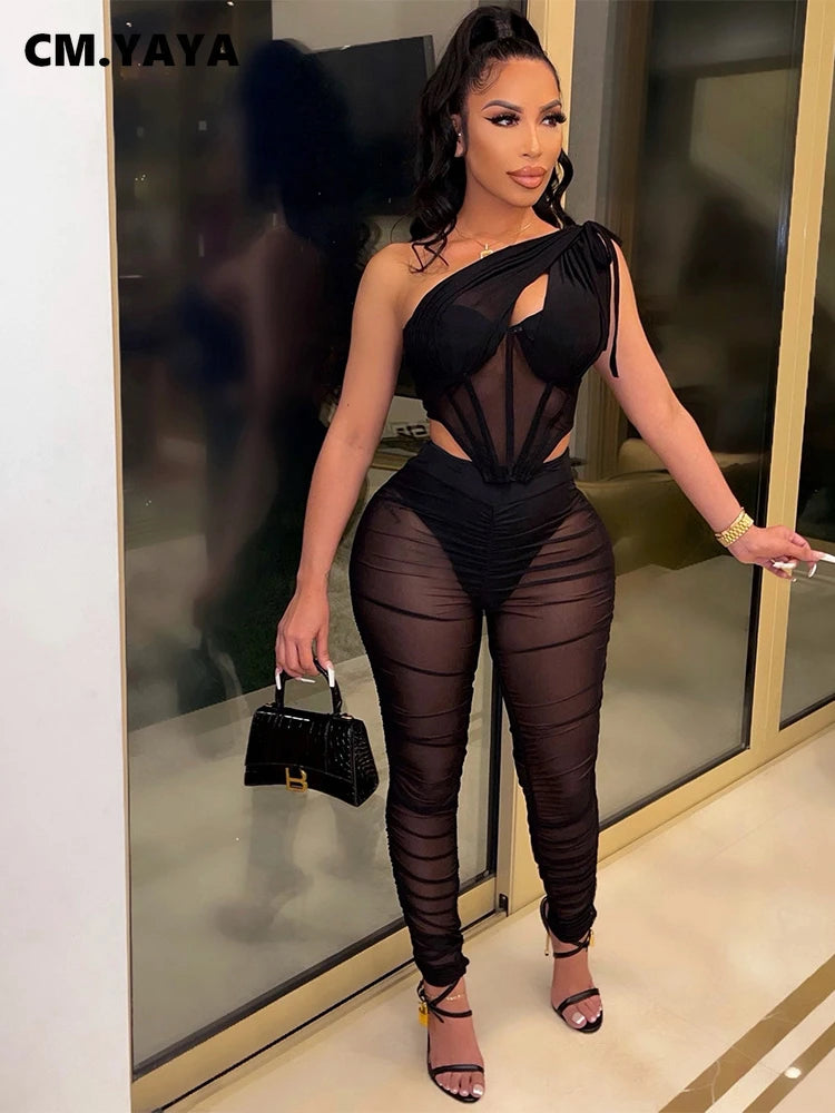 Mesh See Though Women's Set One Shoulder Sleeveless Crop Top and Stacked Pants Suit 2023 Two 2Piece Set Outfit Tracksuit