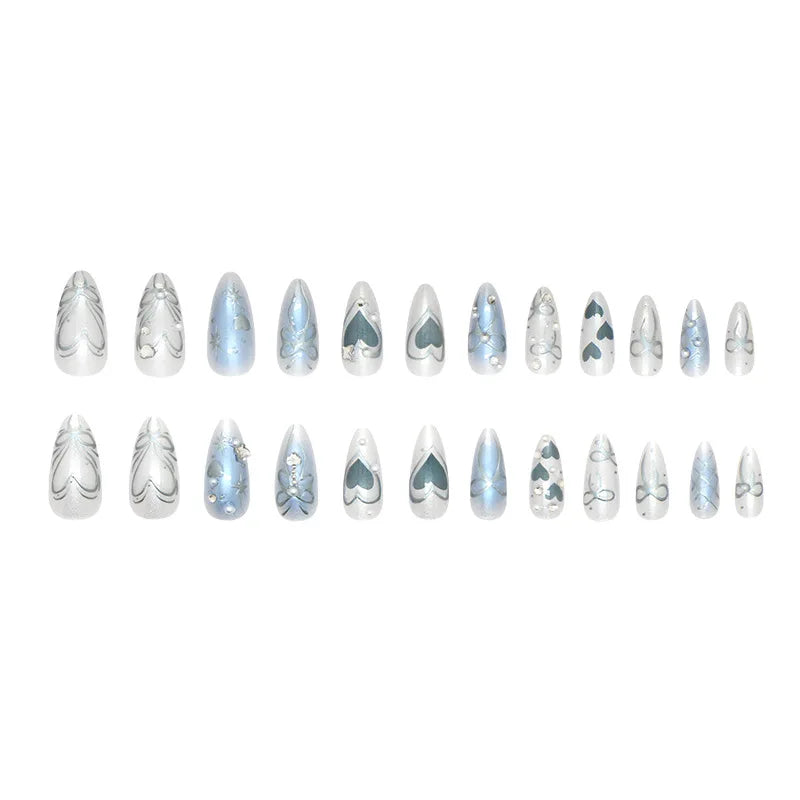 24pcs Y2k Love False Nails Sweet Cool Blue Blush Butterfly Print Fake Nails Tips Wearable Detachable Almond Press on Nails