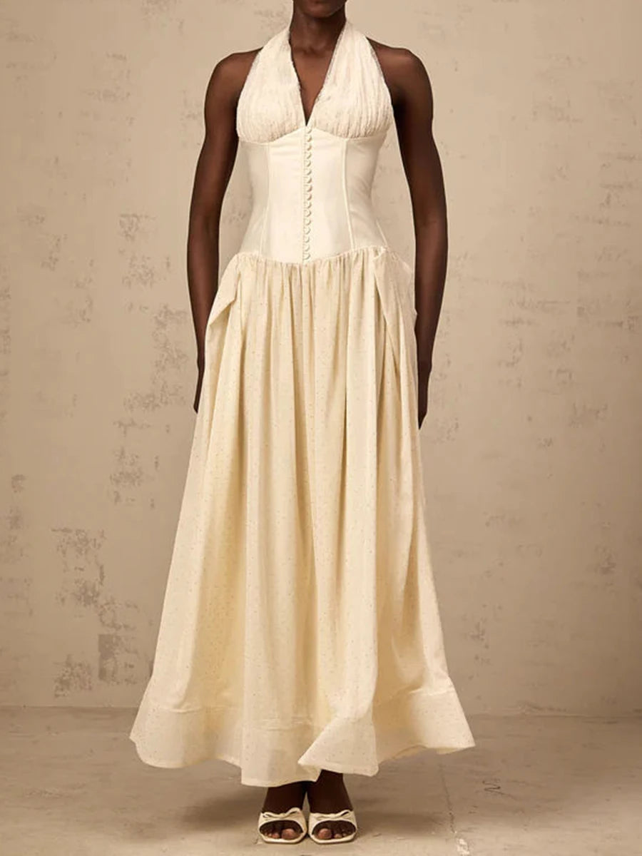 Solid Slimming Temperament Dresses for Women Halter Neck Sleeveless Patchwork Folds Tunic Elegant Dress Female New APRICOT