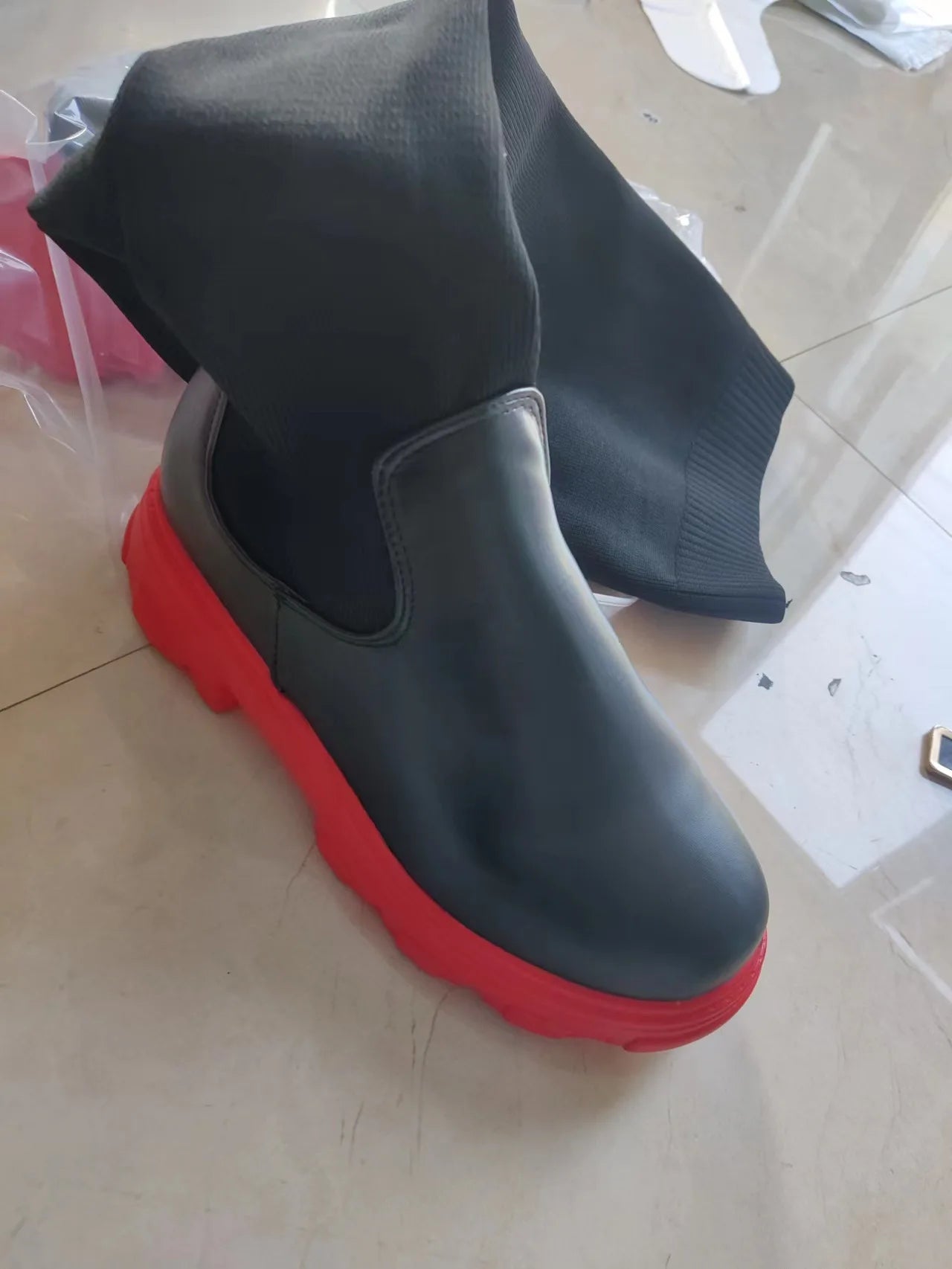 Women's Cotton Boots Winter Autumn Over The Knee Long Tube Leather Knitted Stitching Boots Fashion Female shoes red sole