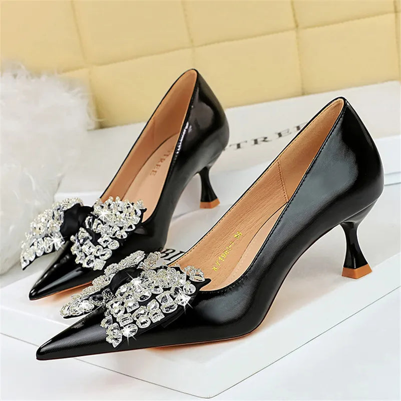 Women 5.5cm High Heels Green Pumps Lady Plus Size 34-43 Wedding Middle Low Kitten Heels Bling Crystal Rhinestone Party Bow Shoes Black