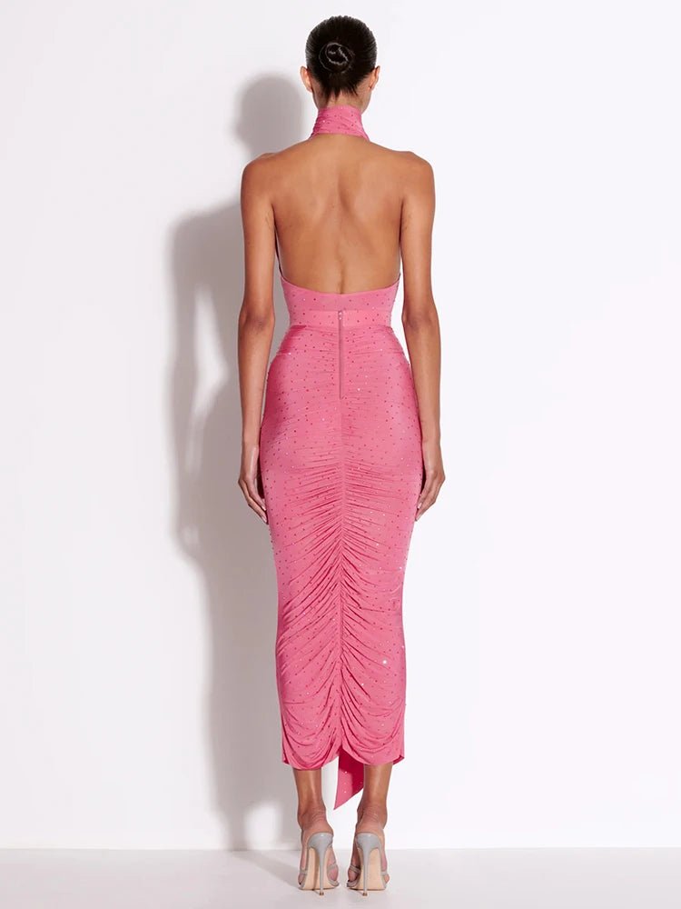 Elegant Sleeveless Halter Ribbon Ruched Details Backless Body Suit With Beaded Maxi Long Skirt Two Pieces Set Casual Wearing