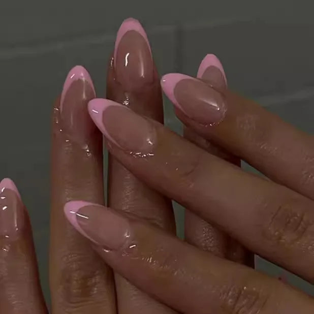 24Pcs Simple Almond Fake Nails Art with Glue Nude Color French Press on False Nails Black Stripes Design Wearable Oval Nail Tips 4