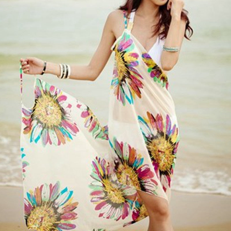Printed Cover-ups Sexy Beach Dress - Halter Sling Chiffon Beach Towel Bikini Wrap Pareo Skirts Open-Back Swimwear White