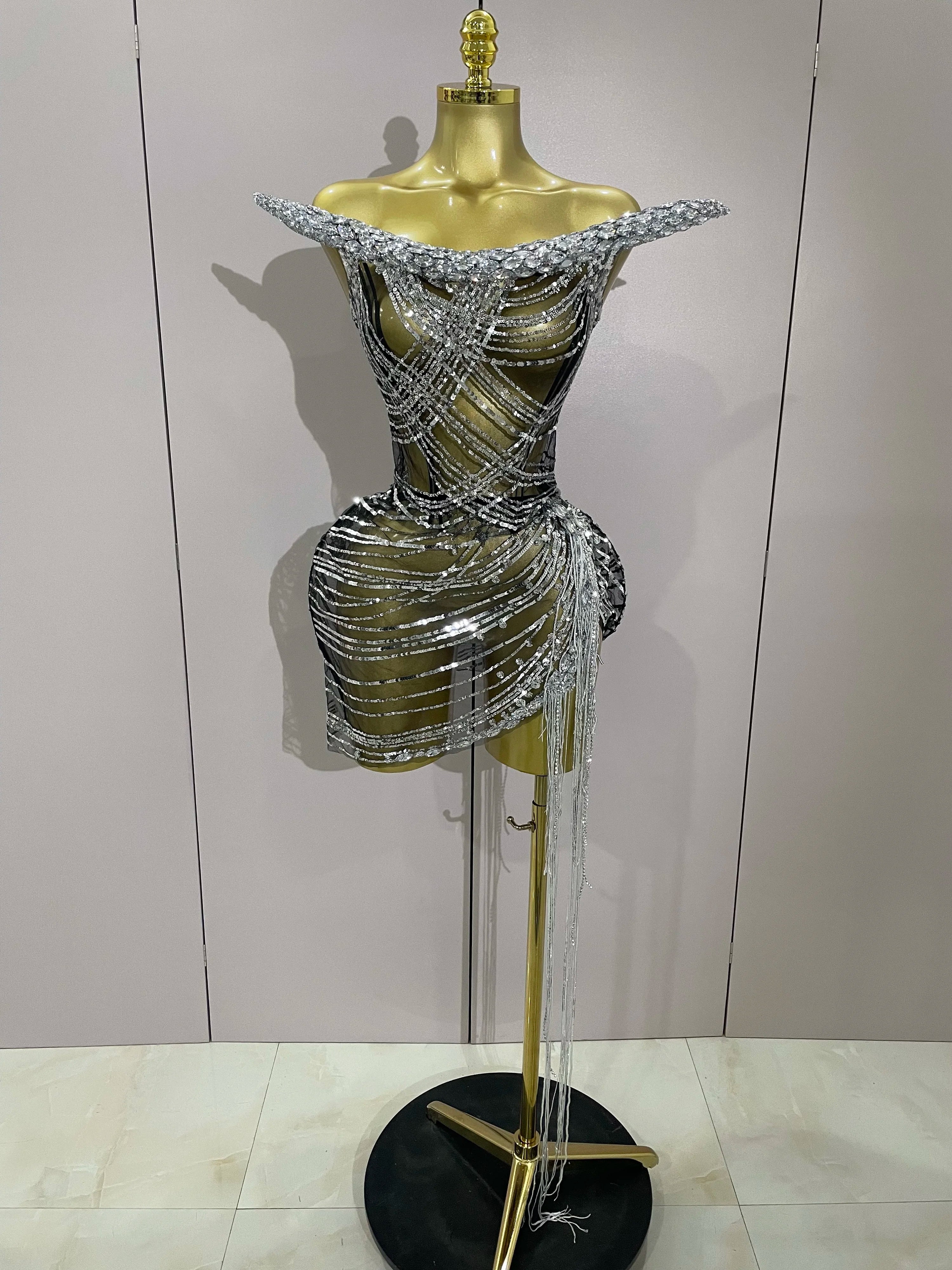 Stock Sexy Shinning Diamond Tassels Chain Strapless Tops Skirt 2 PCS Women Evening Party Celebrate Nightclub Performance Costume black