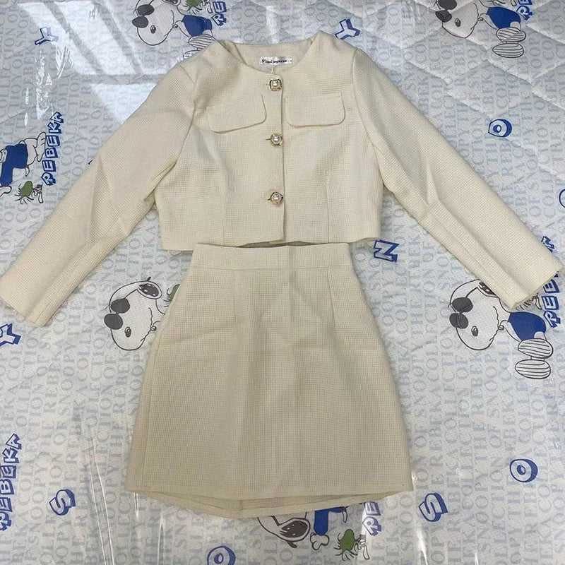 Spring New Single Breasted Tweed Jackets Coat + High Waist Mini Skirt 2 Piece Sets Women Outfit Elegant Luxury Office Suit