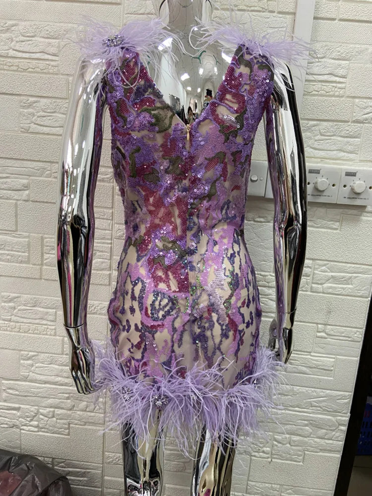 Light Purple Color Women Sleeveless Sexy V-Neck Bodycon Mini Dress Sequins Feathers Celebrate Birthday Party Cocktail Dress