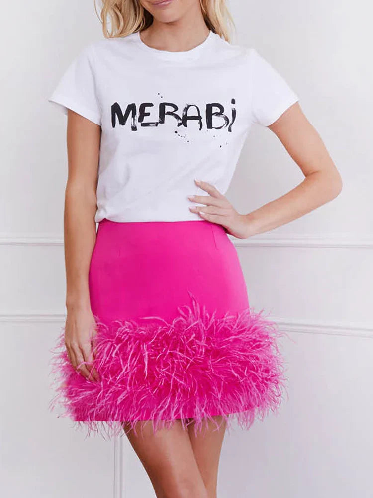 DEAT Spliced Feather Skirt Women Elastic Waist Slim Short Style Sexy Solid Color New Fashion Versatile Female 33A034