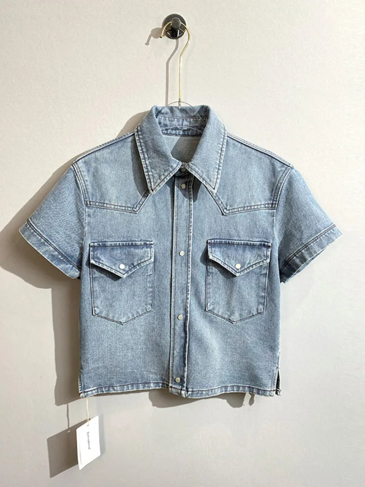 LUXE&ENVY Market Spring/Summer New Washed Old Cowboy Shirt Half Sleeve Single breasted Short sleeved Shirt Versatile Top