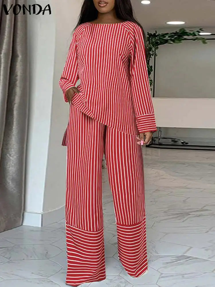 Plus Size 5XL VONDA Women Stripe Pant Sets 2024 Summer Fashion Long Sleeve Tops and High Waist Pants Casual Loose Elegant Suit Red