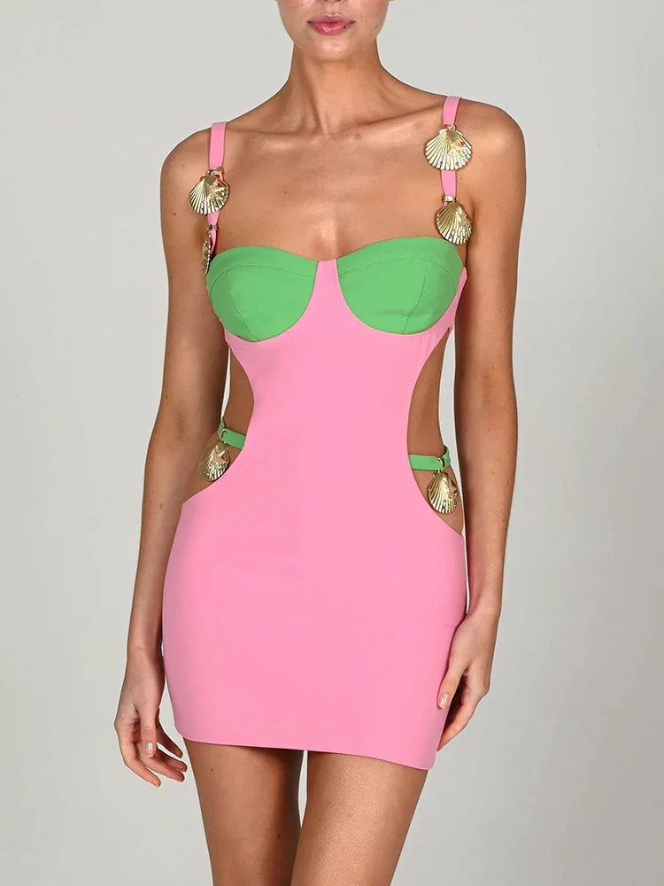 Articat Metal Shell Spaghetti Strap Women Dress Orange Patchwork Hollow Out Maxi Dress Female Skinny Elegant Party Clubwear 2022 Pink Mini Dress