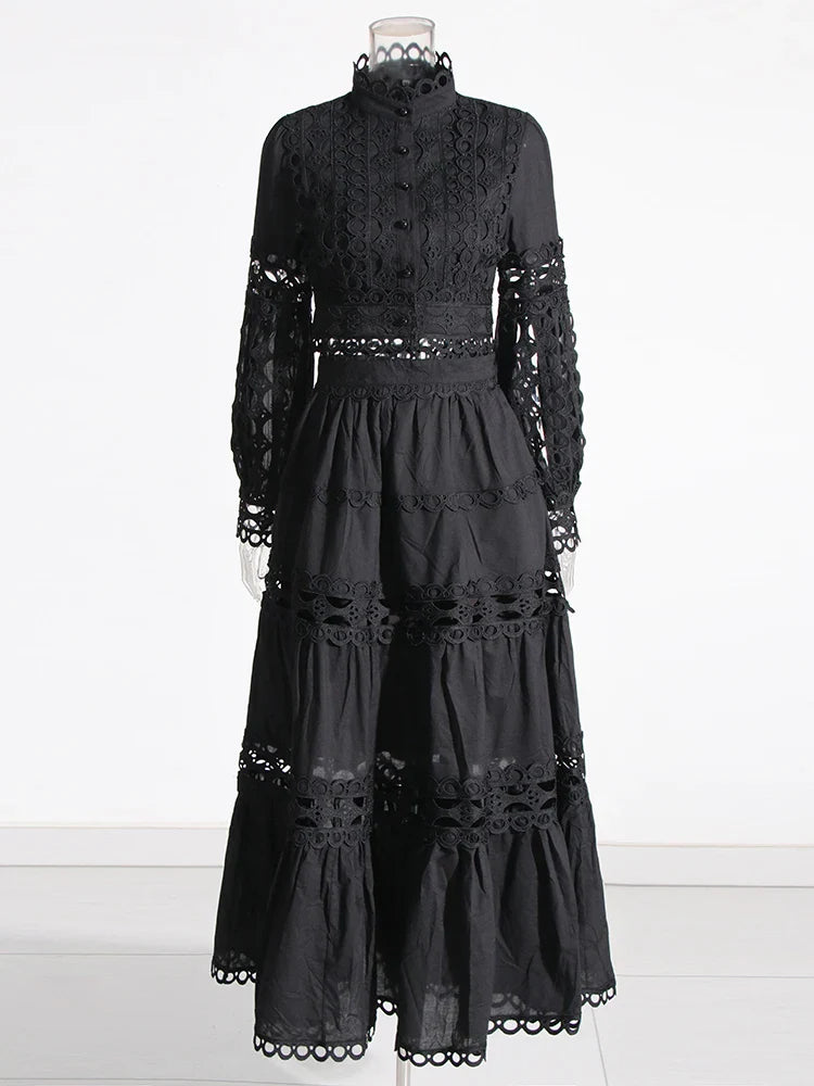 Elegant Two Piece Sets For Women Stand Collar Lantern Sleeve Tops High Waist Skirt Hollow Out Set Female Clothing BLACK