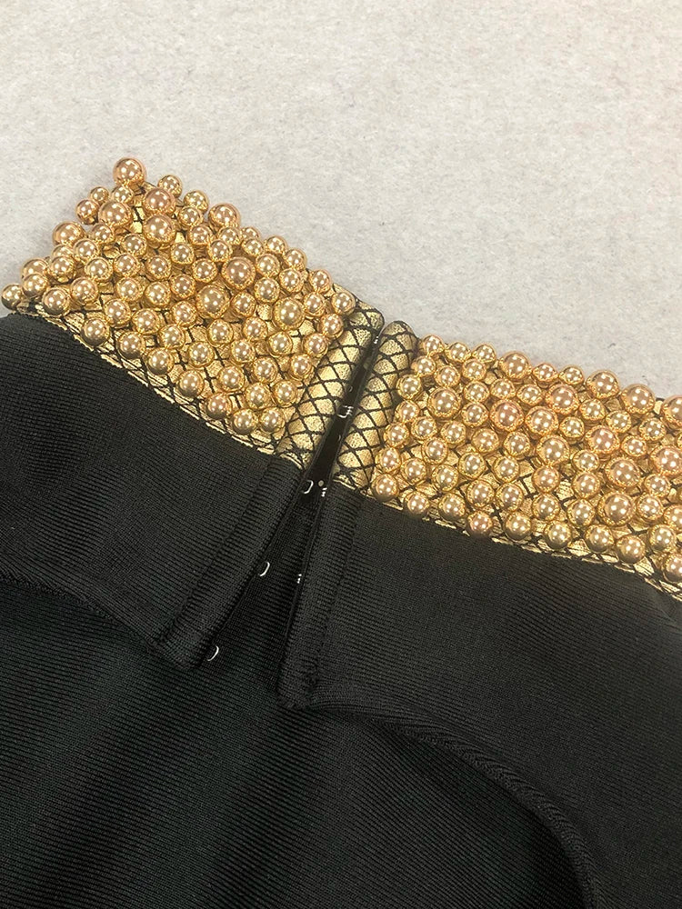 Winter Black Women Long Sleeve Sexy Golden Beading Bodycon Bandage Maxi Runway Cocktail Celebrity Evening Club Party Dress