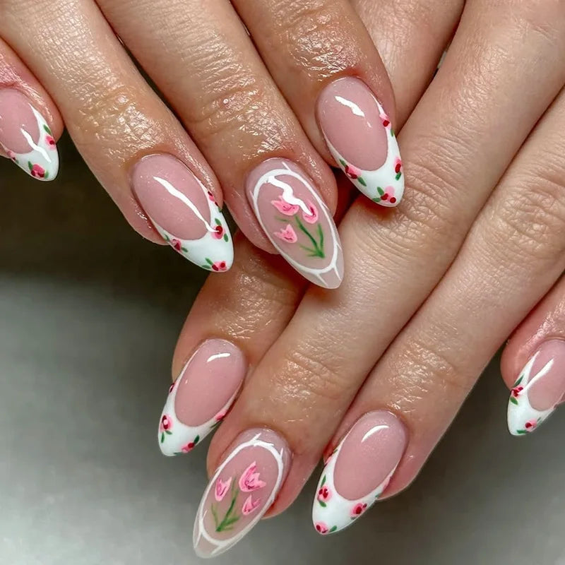 24Pcs Frosted Nude Color False Nails Press on Long Almond Round Head Nails Set with Cute Flowers Design Detachable Fake Nail Tip 1942