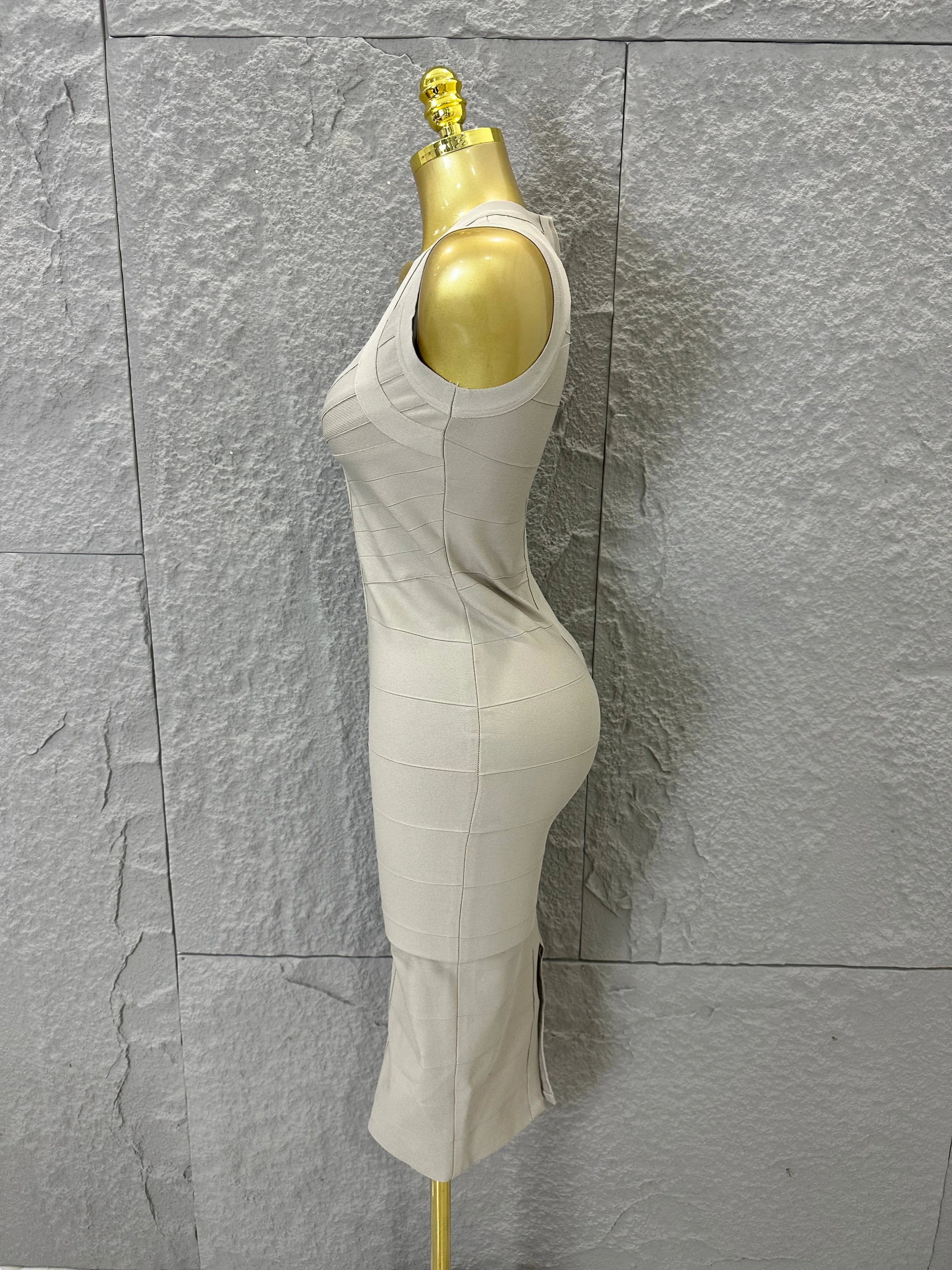 2026 Elegant Beige Bandage Midi Dress Women Sleeveless Deep V Neck Bodycon Cocktail Party Evening Gown Formal Event Wear