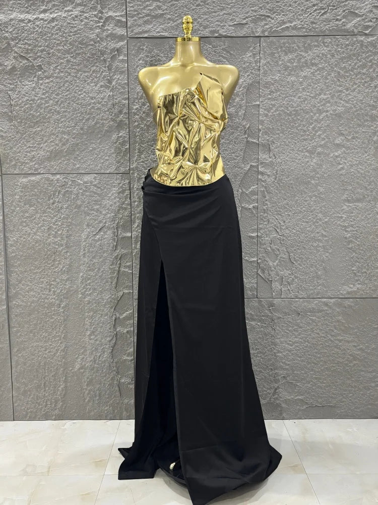 Hot Sale Discount Women Sexy Golden Tops Floor-length Skirt 2 Pieces Straight Dress Elegant Evening Party Celebrate Outfit black