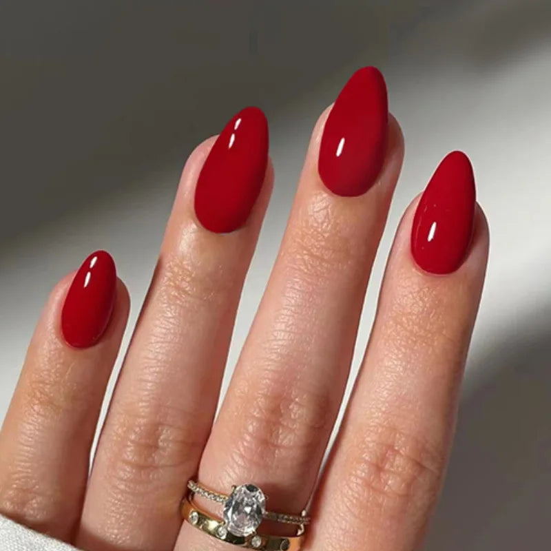 24Pcs Simple Wine Red Fake Nail with Glue Mid-length Almond Press on False Nails Wearable Round Head Oval Full Cover Nail Tips W1634