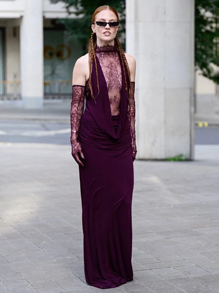 Sexy Turtleneck Lace Patchwork Long Dress Women Sleeveless Backless Pleated Celebrity Evening Party Gowns with Gloves