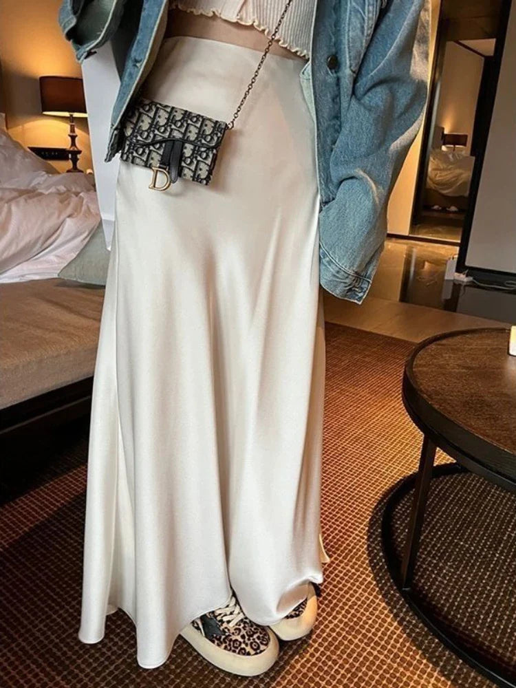 HOUZHOU Elegant Satin Skirt Summer Women Korean Fashion Solid High Waist Casual Long Skirts White Streetwear Office Lady White